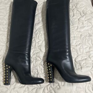 Gucci Studded Heel Knee High Boots Black Leather Womens EU 38 US 7.5